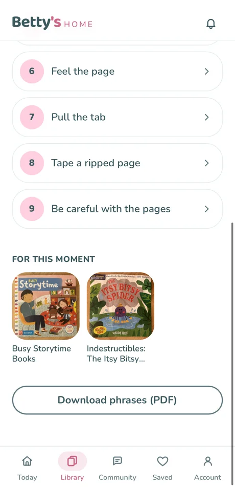 The Download phrases (PDF) button in the Betty's HOME app