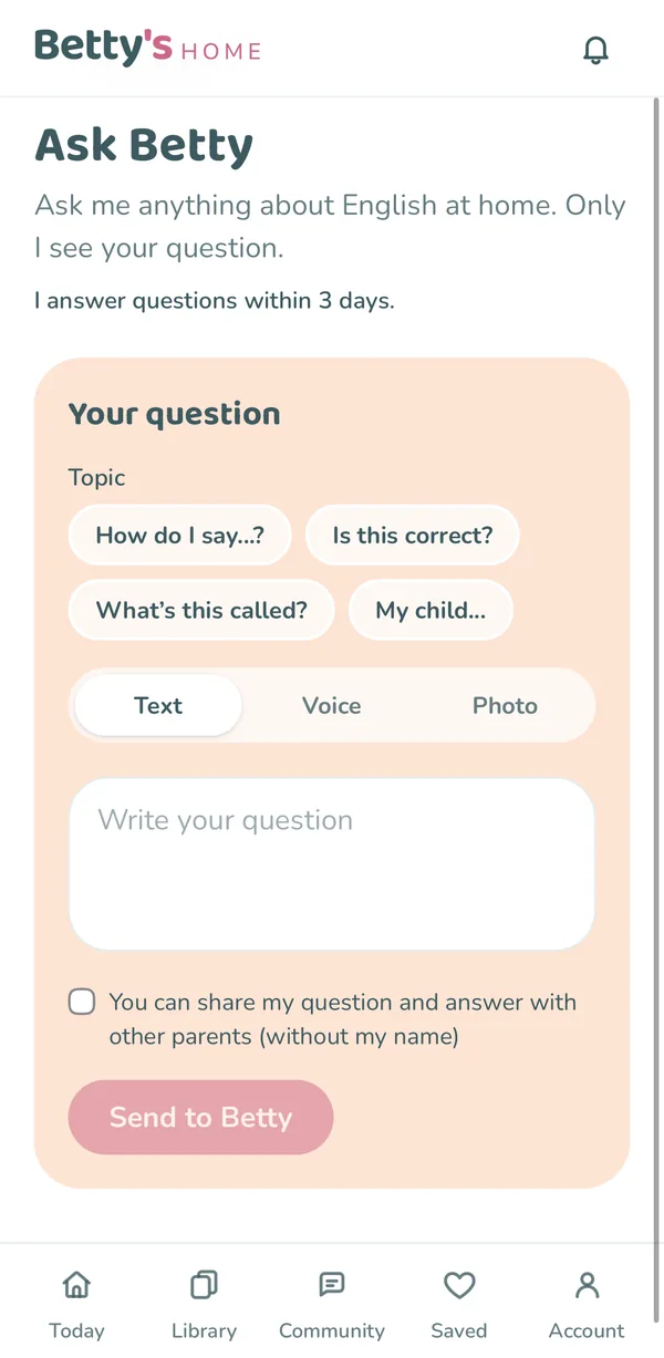The Ask Betty screen in the Betty's HOME app