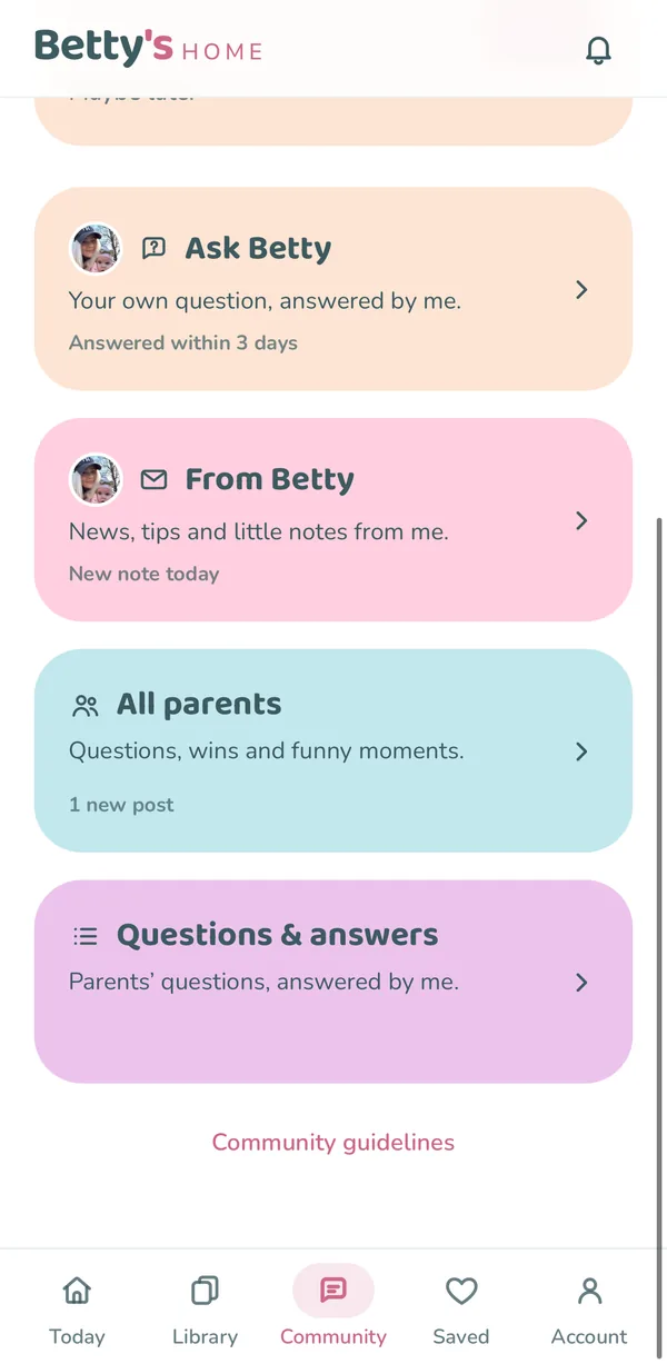 The Community in the Betty's HOME app