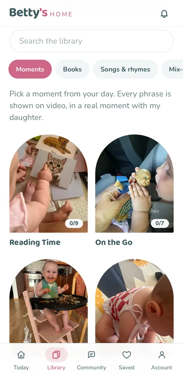 The Library with everyday moments in the Betty's HOME app