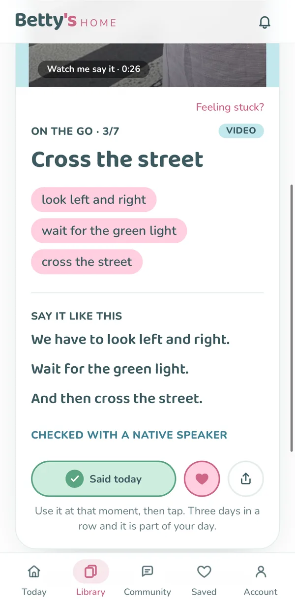 A phrase card in the Betty's HOME app