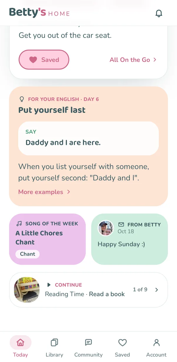 More of the Today screen in the Betty's HOME app