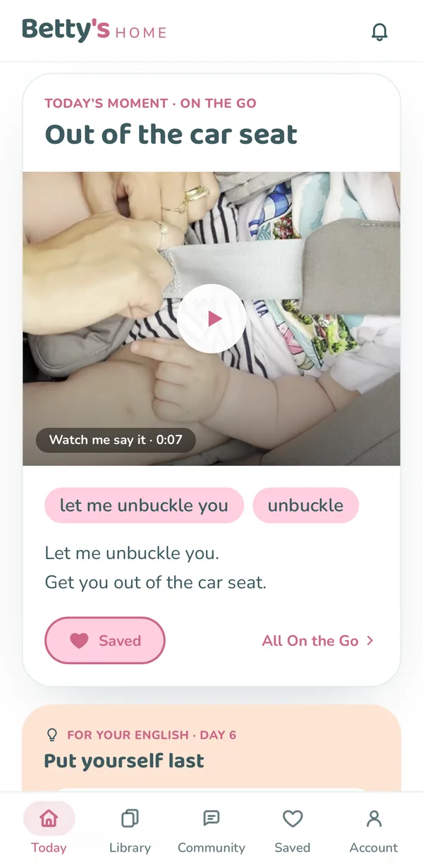 The Today screen in the Betty's HOME app